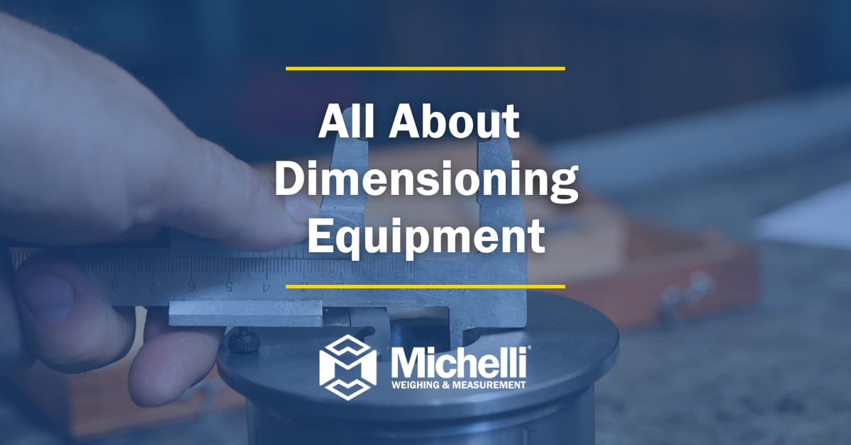 Person measuring an object with a caliper, text overlay 'All About Dimensioning Equipment'.