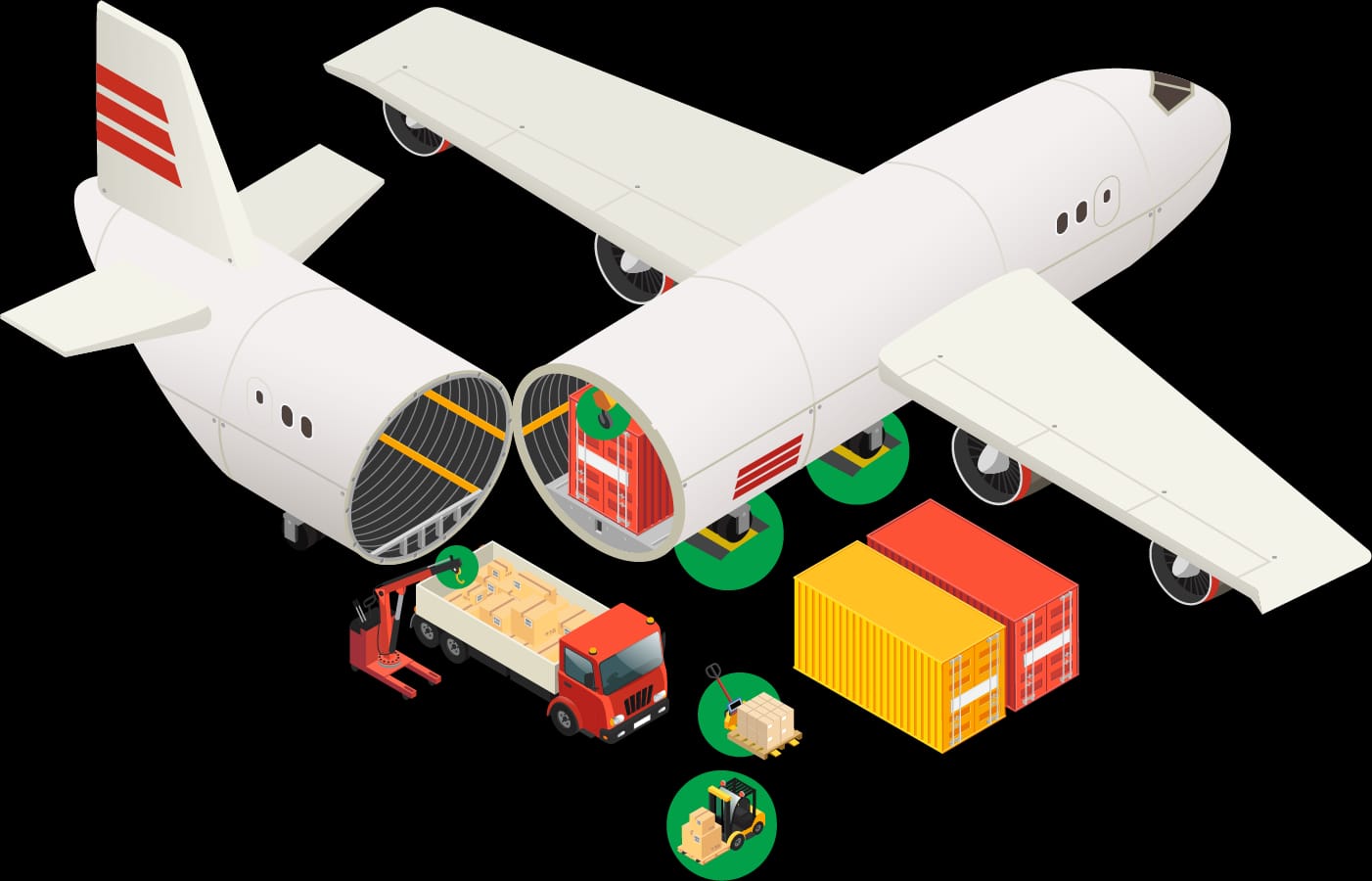 Aircraft in a hangar with cargo handling and weighing equipment used for load verification and weight checks