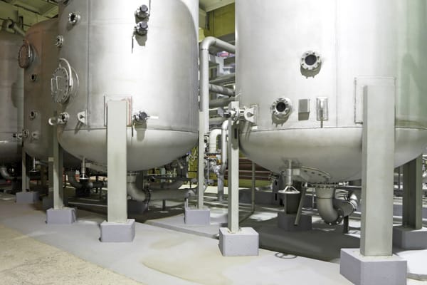 Large stainless steel tanks with pipes and gauges in an industrial chemical filling facility