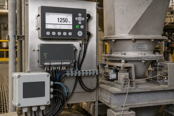 Digital weight indicator and controller mounted on a steel panel next to an industrial hopper scale retrofit installation