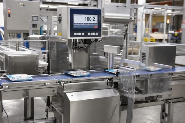 Industrial checkweigher and inspection station on a conveyor sorting line with digital weight display