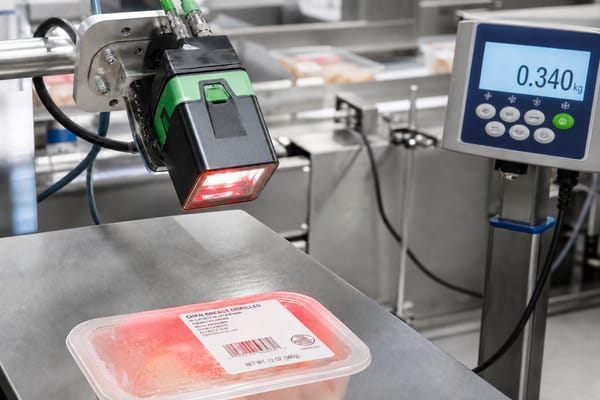 Industrial barcode scanner at a food processing station scanning a labeled product container with a digital scale indicator nearby