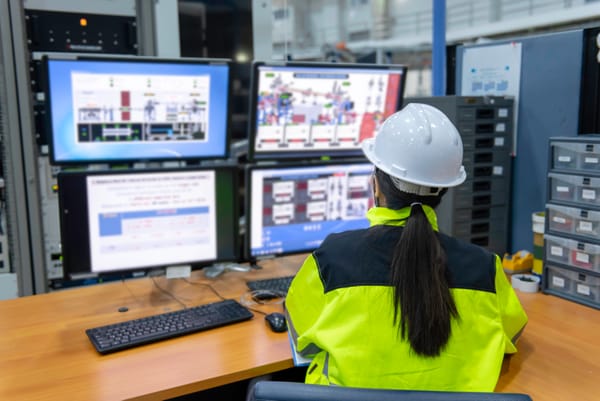 Engineer monitoring control room screens for plant controls and belt scale reporting