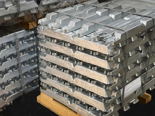 Stacked aluminium ingots on pallets in a stockroom for inventory control and cycle counting