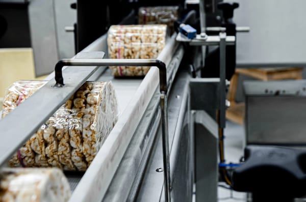 Packaged snack production line for final QC package checks and completeness verification