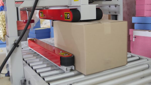 Cardboard box moving on an automated conveyor for production kitting operations