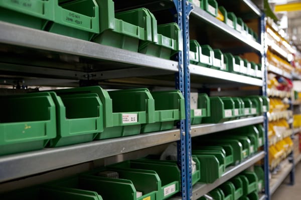 Green storage bins organized on warehouse shelves for small parts and hardware counting