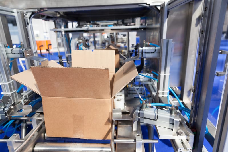 Automated carton packaging machine with open cardboard box on a factory assembly line