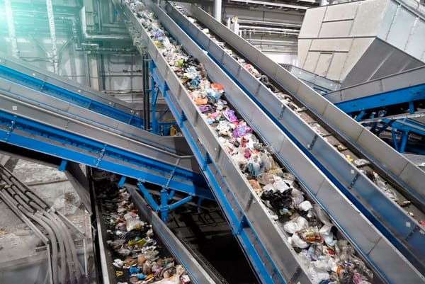 Conveyor belts in a recycling plant moving assorted waste materials for sorting and processing