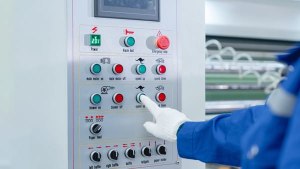 Gloved operator pressing a button on an industrial machine control panel for automated shutdown control