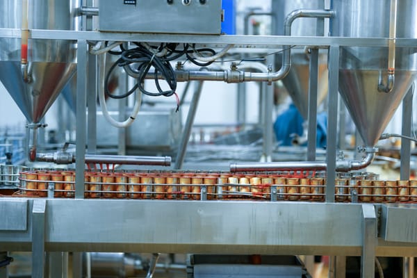 Canned goods on a conveyor belt in an industrial canning and line integration facility