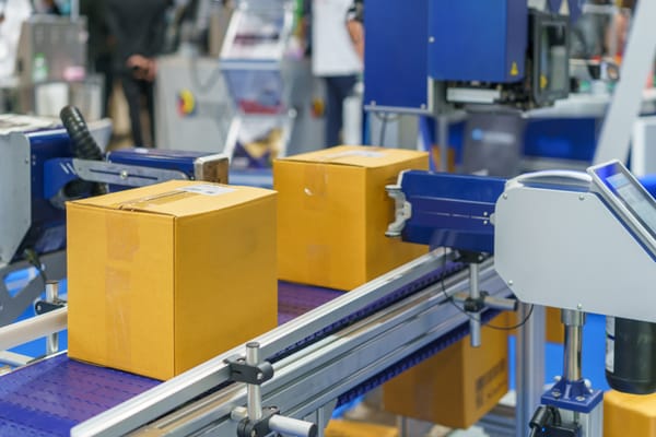 Cardboard boxes on an automated packaging conveyor belt with labeling and production reporting equipment