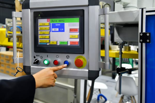 Industrial machine control panel operation representing retrofit and upgrade opportunities for existing automated equipment