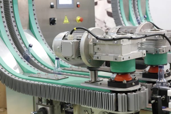 Industrial conveyor system in operation representing VFFS packaging and filling line applications