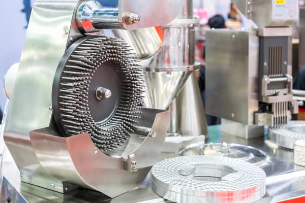 Industrial tablet processing machine representing powder, auger, and vibratory filling applications