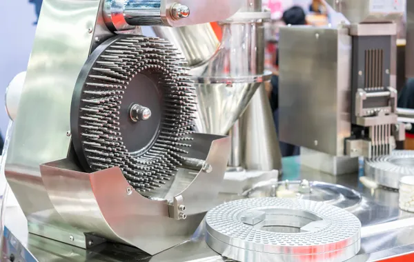 Industrial tablet processing machine representing powder, auger, and vibratory filling applications
