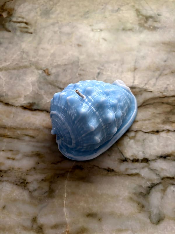 Blue-and-white Small Conch sculptural candle photographed at an angle on natural marble.