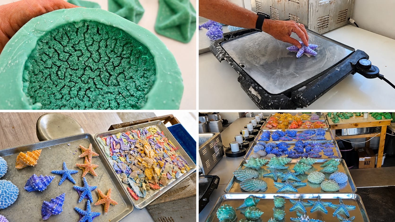 Four-image collage showing a detailed candle mold, hand-finishing, reclaimed wax, and trays of finished ocean-form candles.