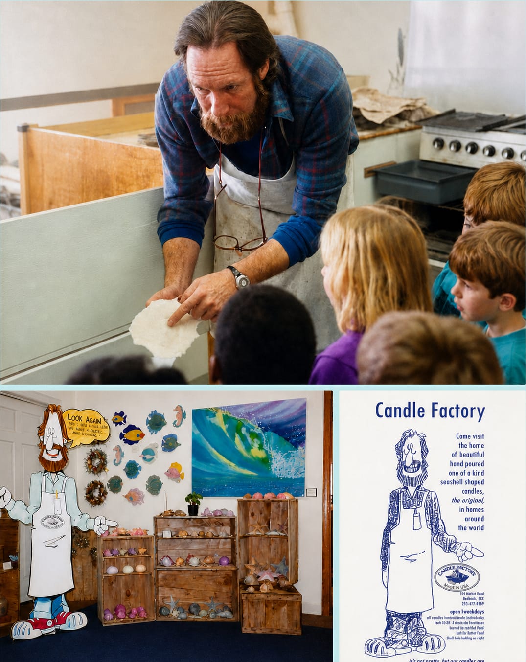 Archival collage showing Michael Franco's father teaching candle making, the original Candle Factory showroom, and a vintage Candle Factory brochure.