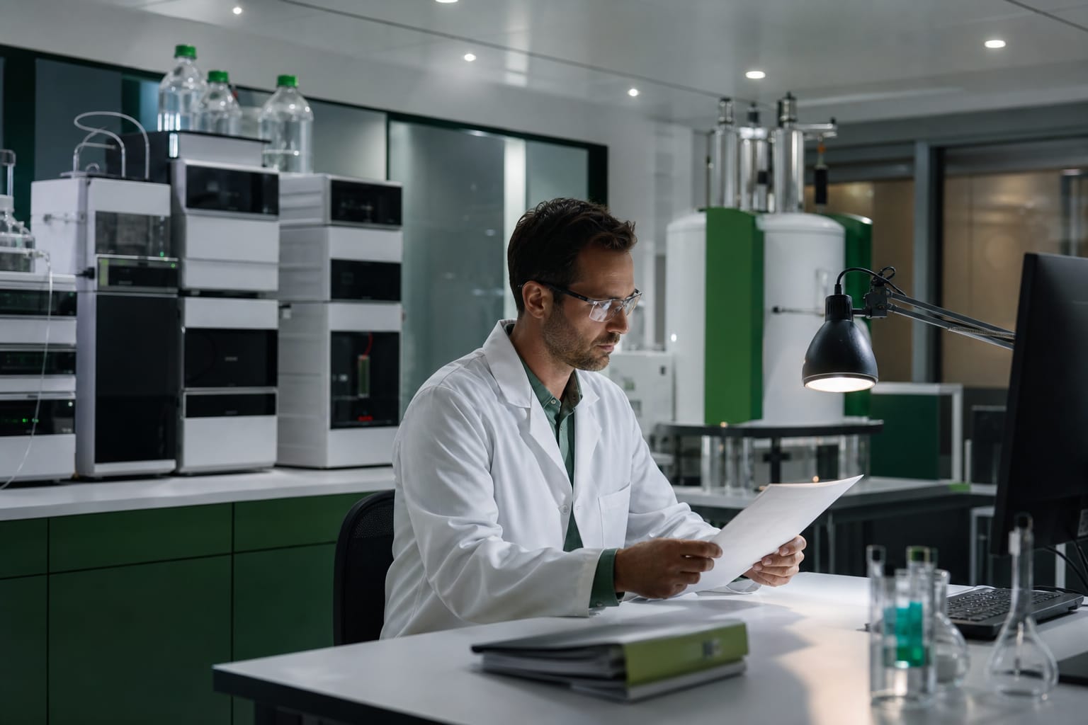 Scientist reviewing quality control documentation in a precision lab