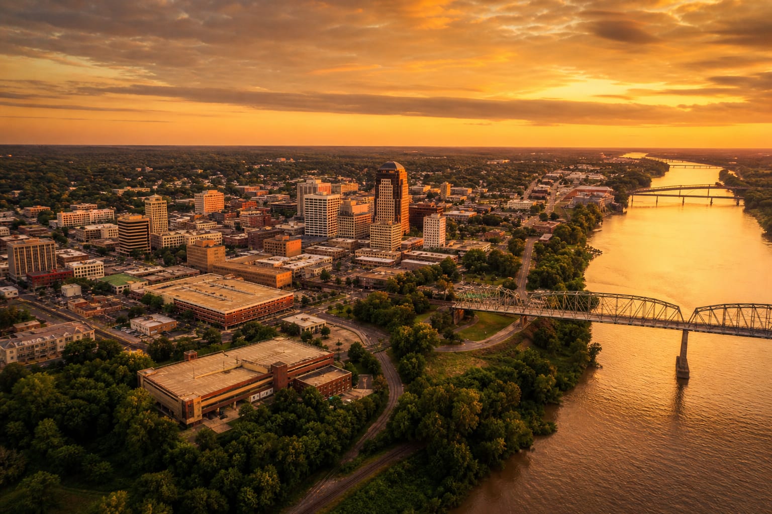 Aerial view of Shreveport Louisiana at golden hour