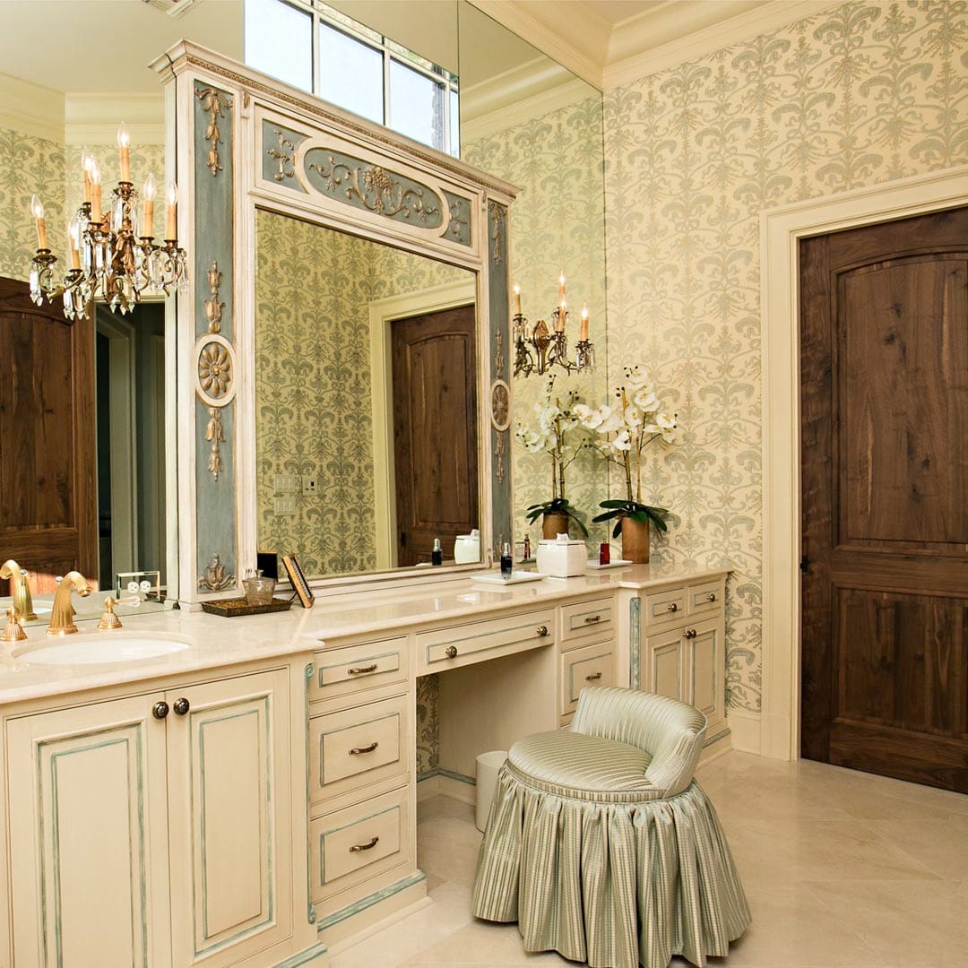 Spa bathroom with stone accent wall by The Cottage
