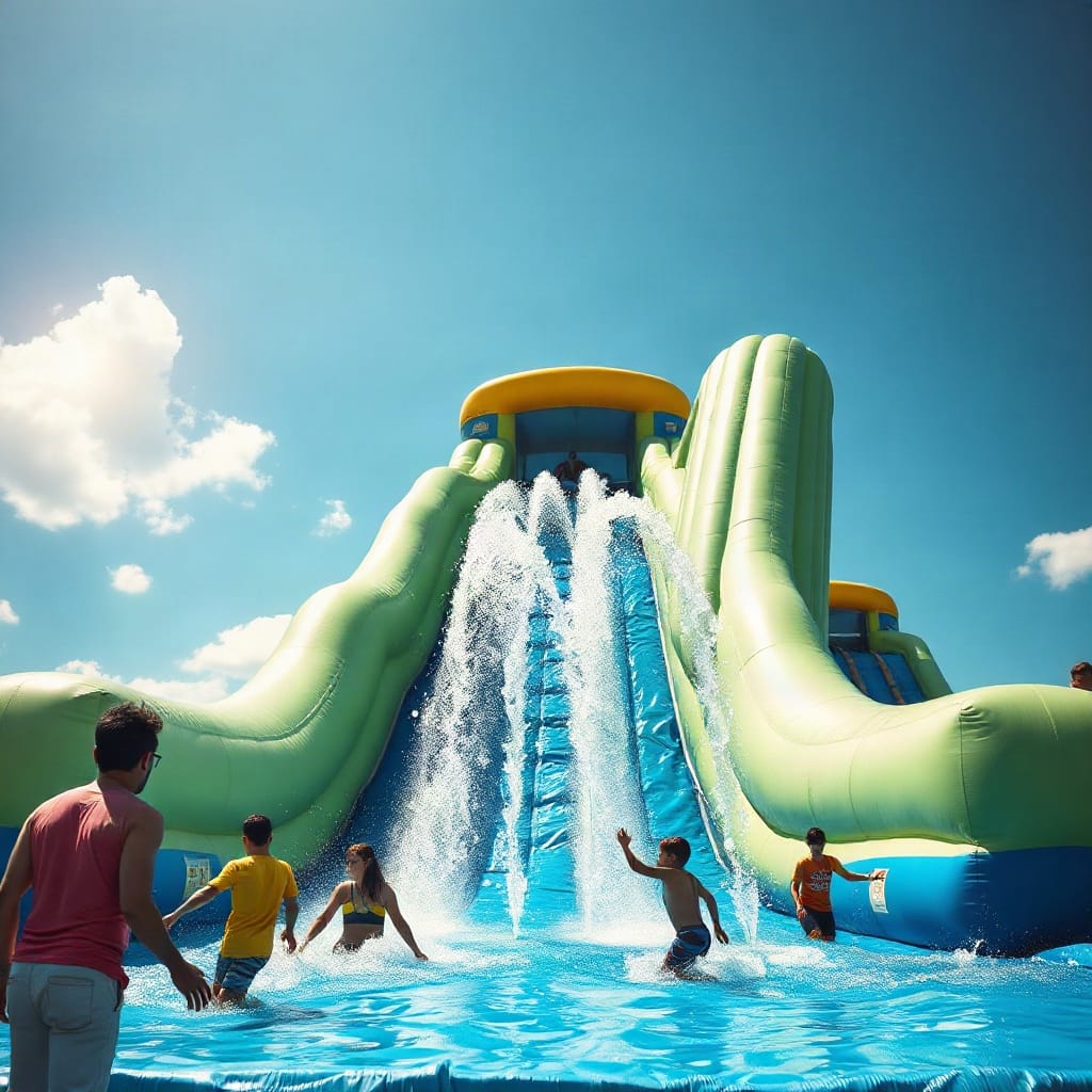 Wide editorial photo of a giant inflatable water slide at an outdoor summer festival