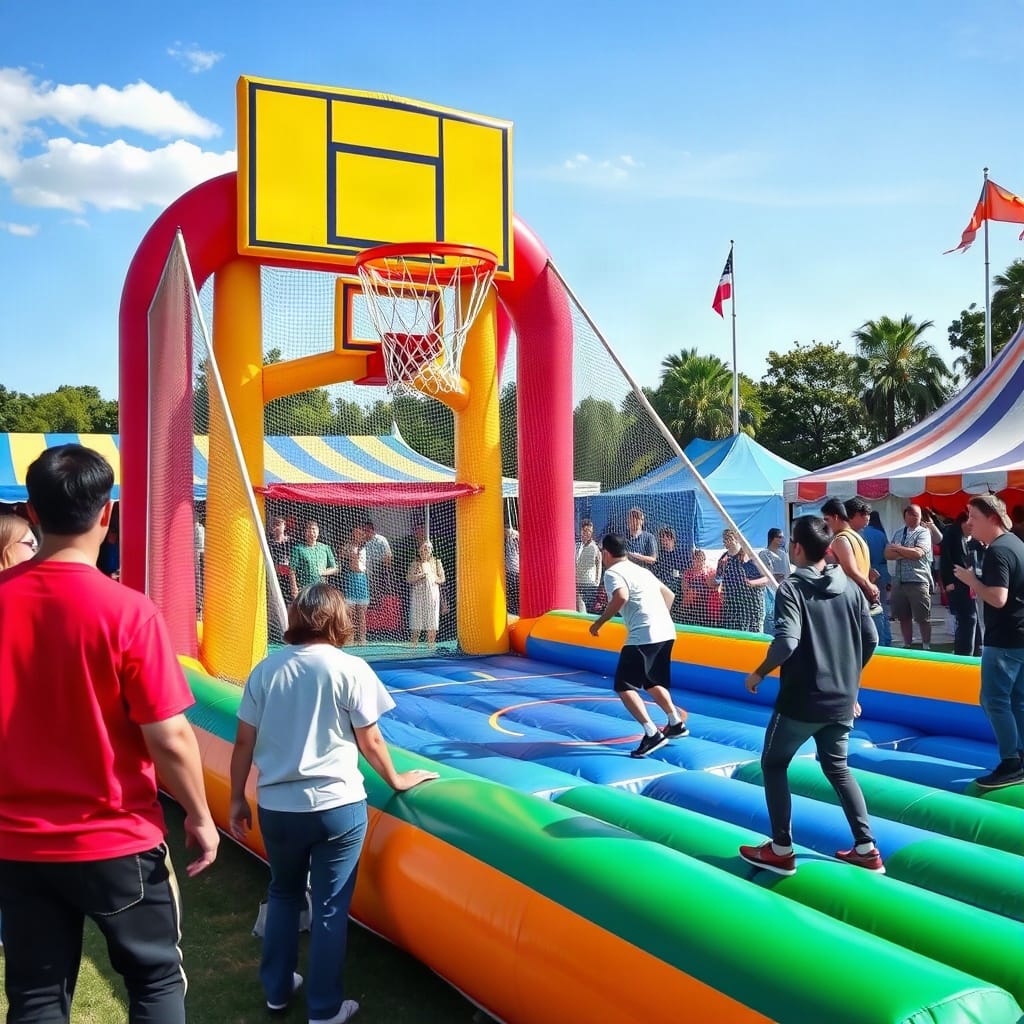 Interactive inflatable basketball game at a fairground, colorful, people playing
