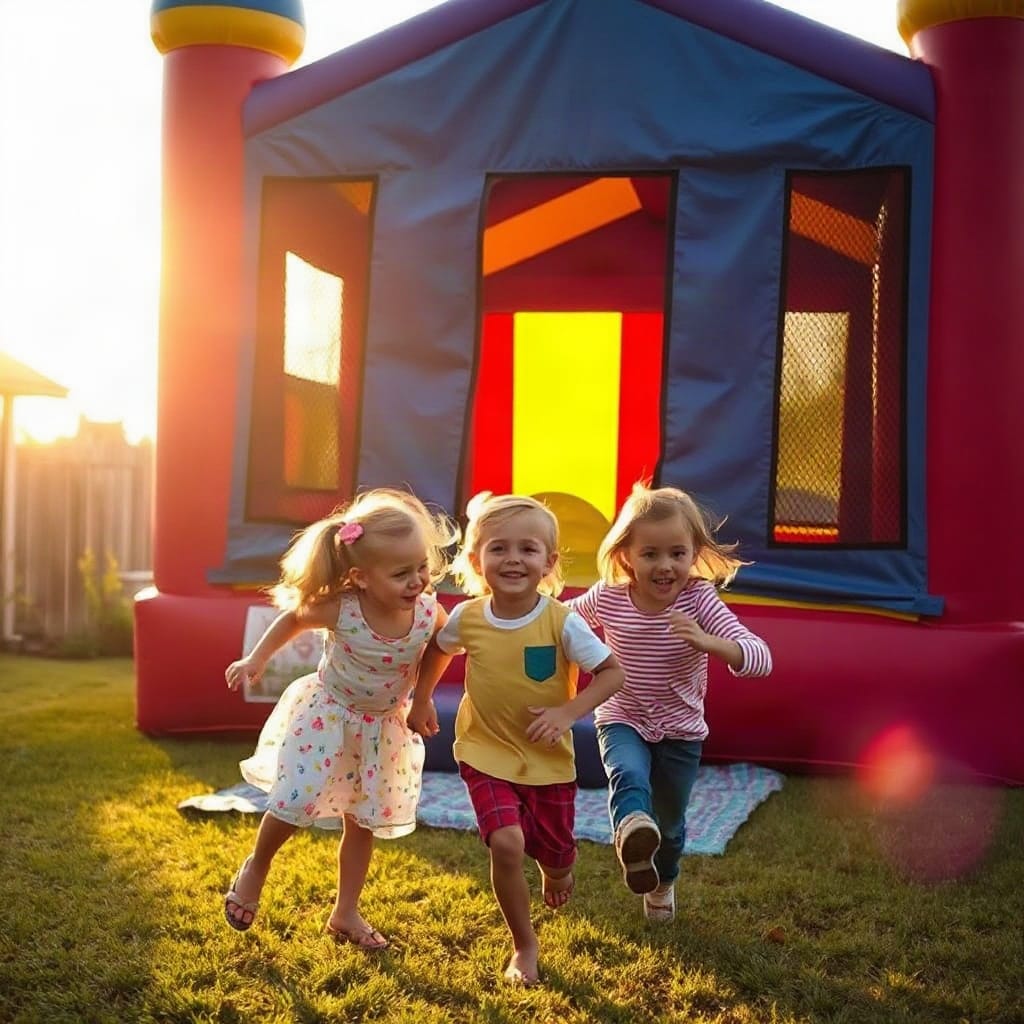 Smiling family running toward a bounce house at a backyard party