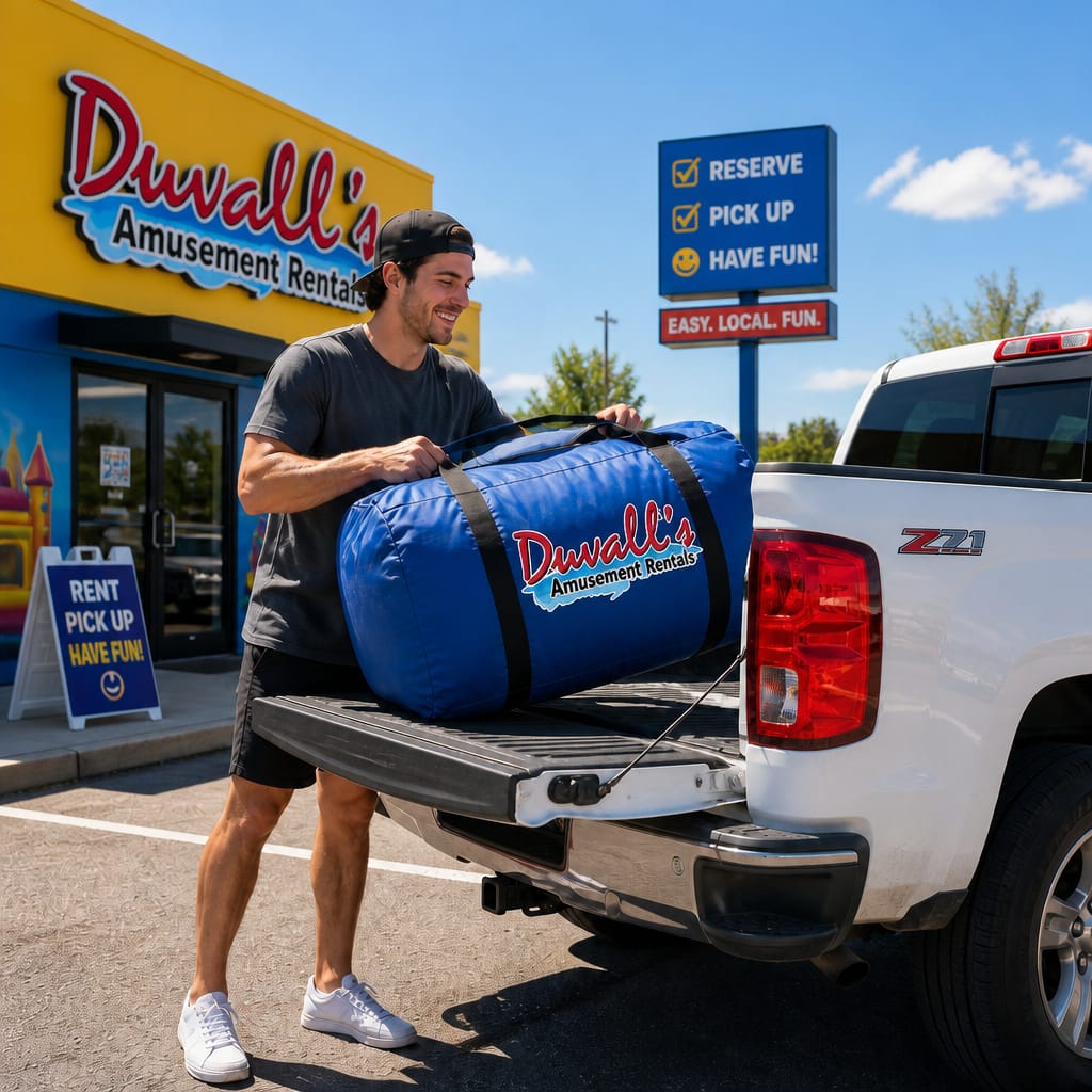 Customer loading a blue Duvall's Amusement Rentals bag into their truck at pickup