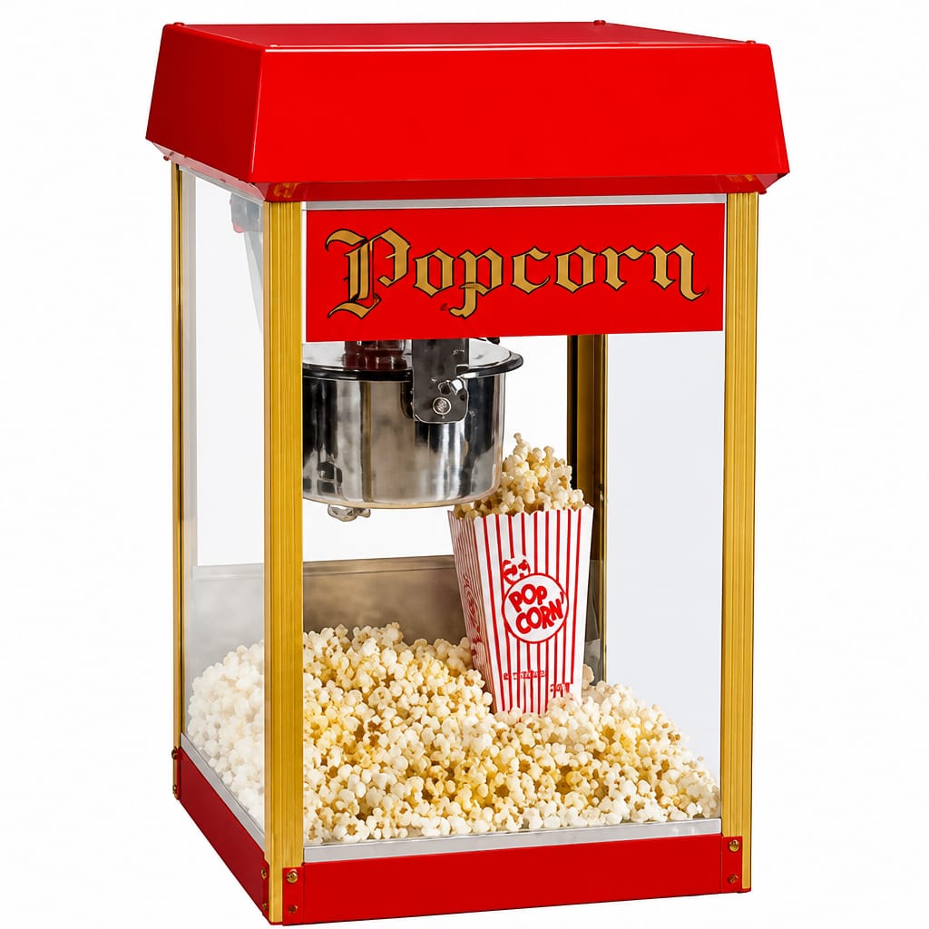 A red vintage-style popcorn machine filled with popcorn and a popcorn container.