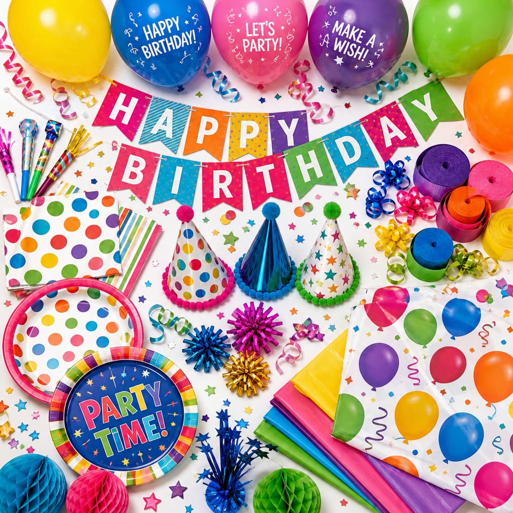 Colorful party accessories and decorations including balloons and streamers