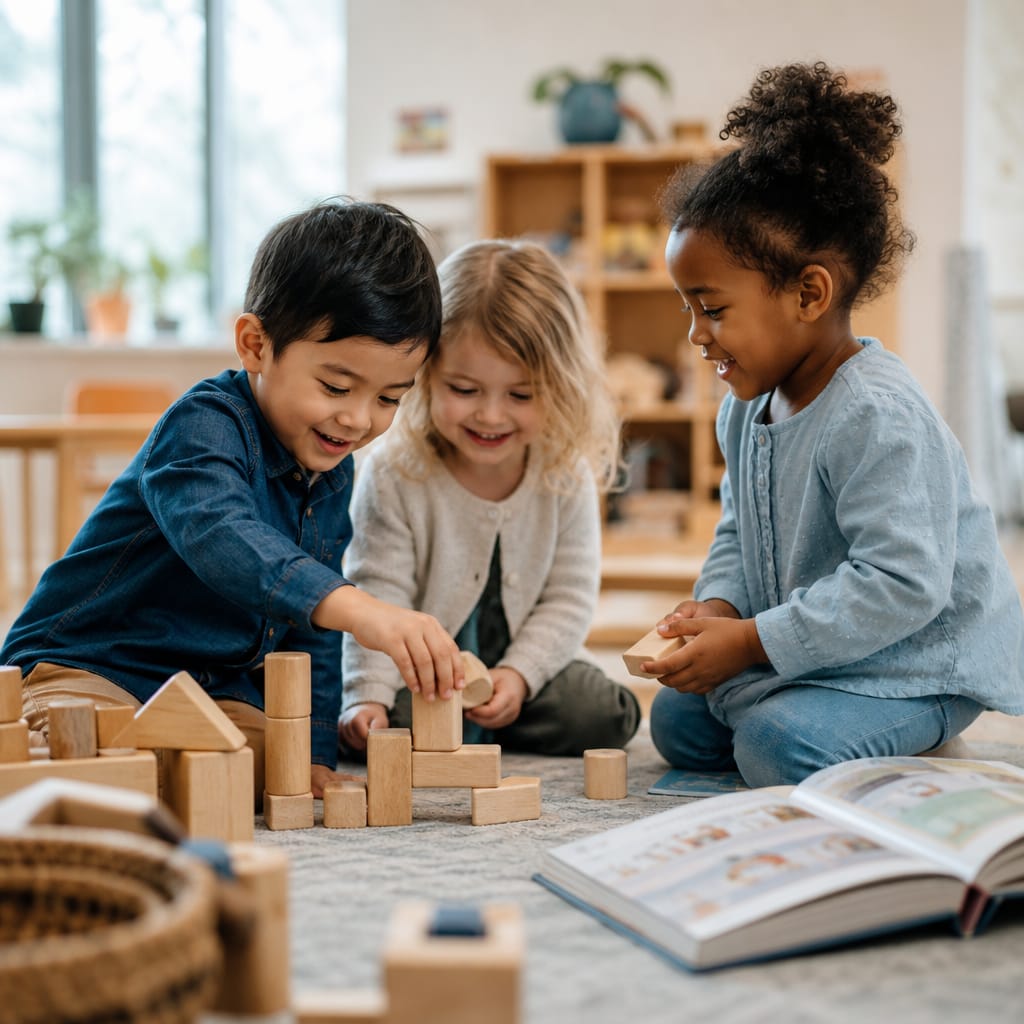 Preschool-aged children playing together in a bright, welcoming classroom
